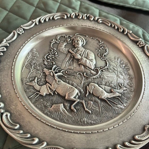 Vintage Pewter Decorative Plate with Hunting Scene - Rare find