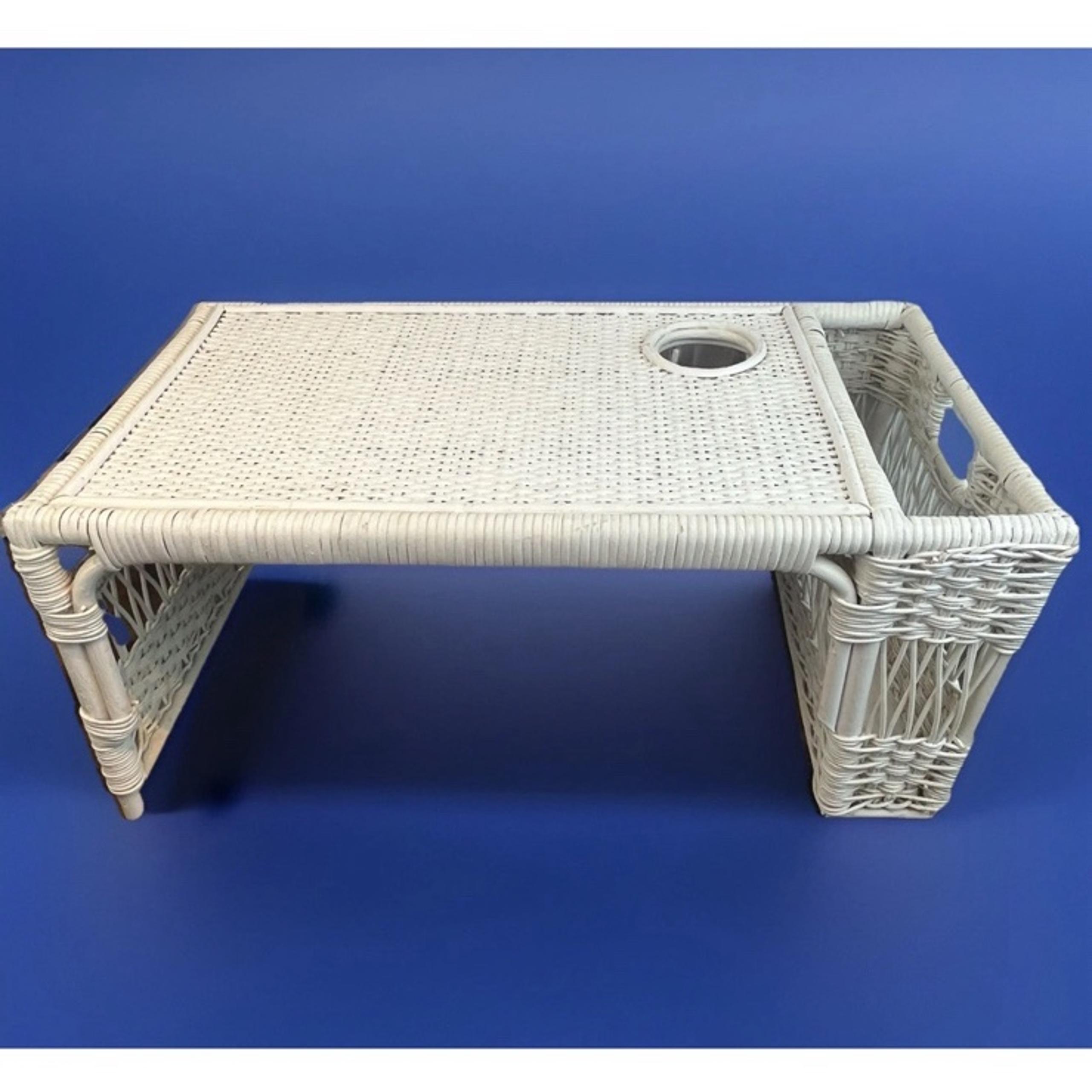 Vtg White Wicker Rattan Serving Tray Breakfast Bed Magazine Rack Cup Holder