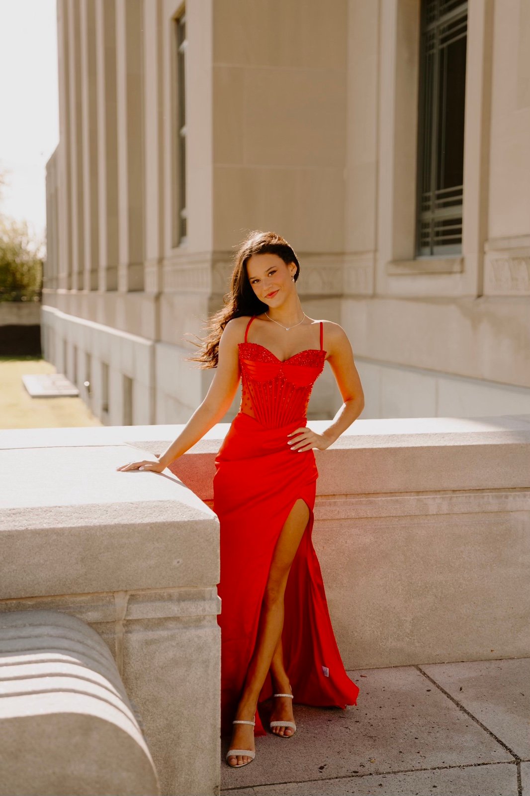 Sunkiss Orange Prom Dress Satin Maxi Slit Sheer Point Crystal Corset Formal