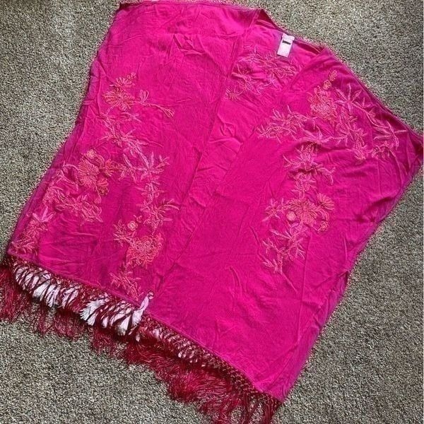 Chico’s Kimono Cardigan Summer Berry Floral Ariana Embroidered Open Pink Fringe