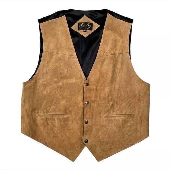 Scully Men’s M Beige Suede Leather Western Vest Boar Suede Snap Front Adjustable