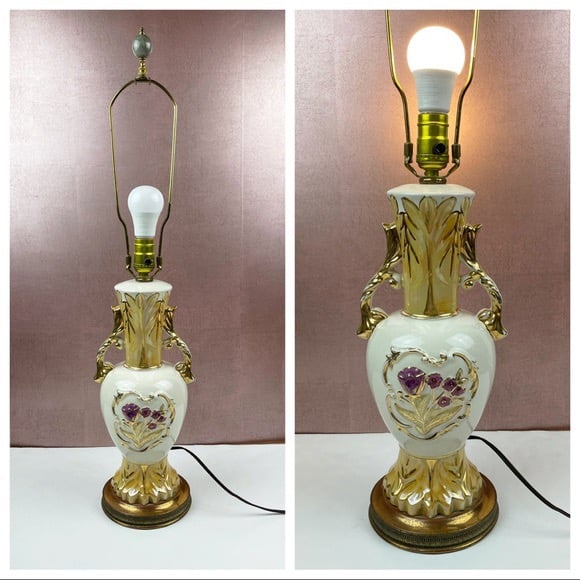 Vintage Leviton Gold Purple White Floral Lamp