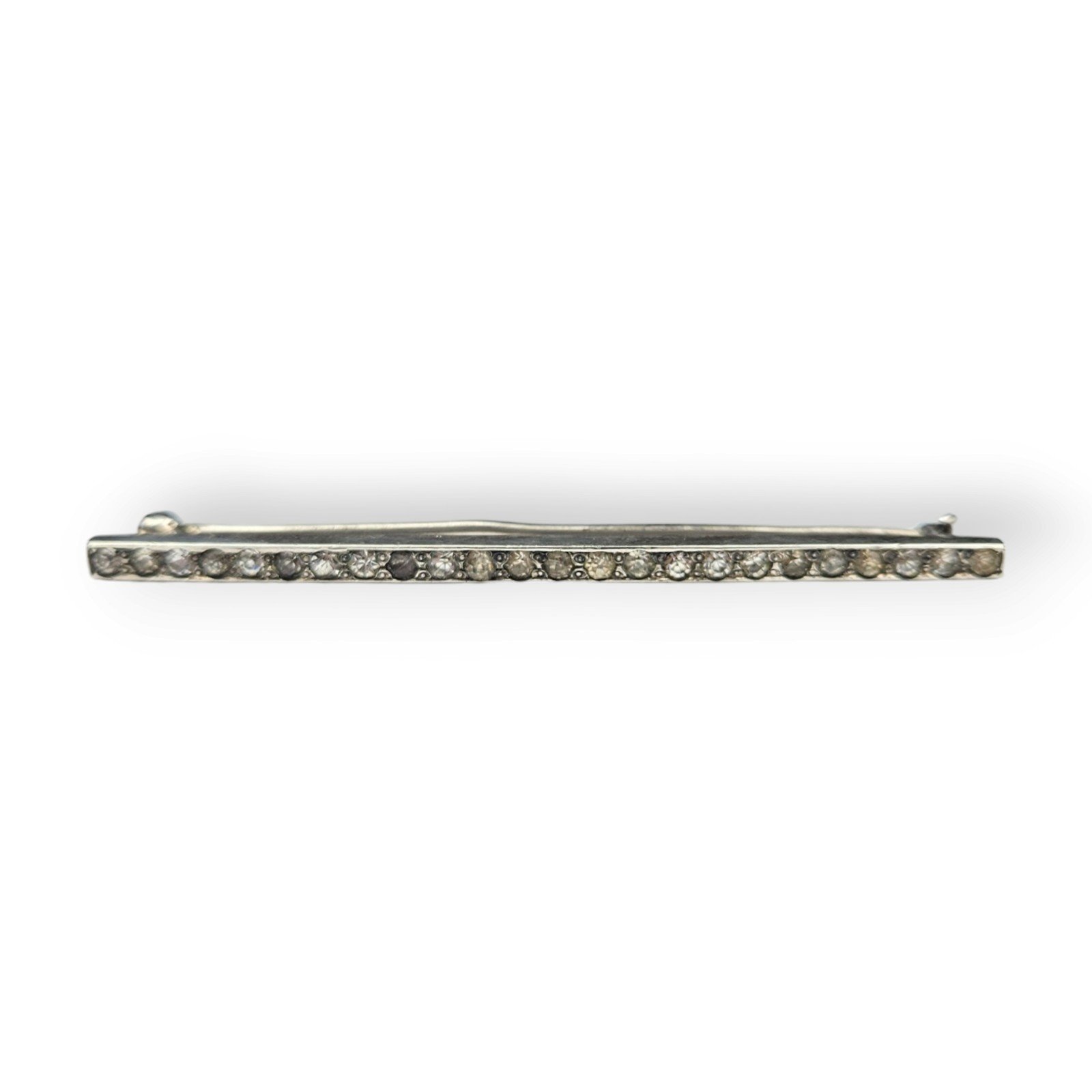 Antique Sterling Bar Brooch White Paste Rhinestone 925 Silver 1920s FLAW 2.5