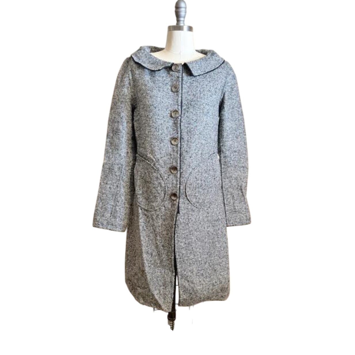Herringbone Cotton Coat Juniors S/M Gray Button Front Vintage Style Long Jacket