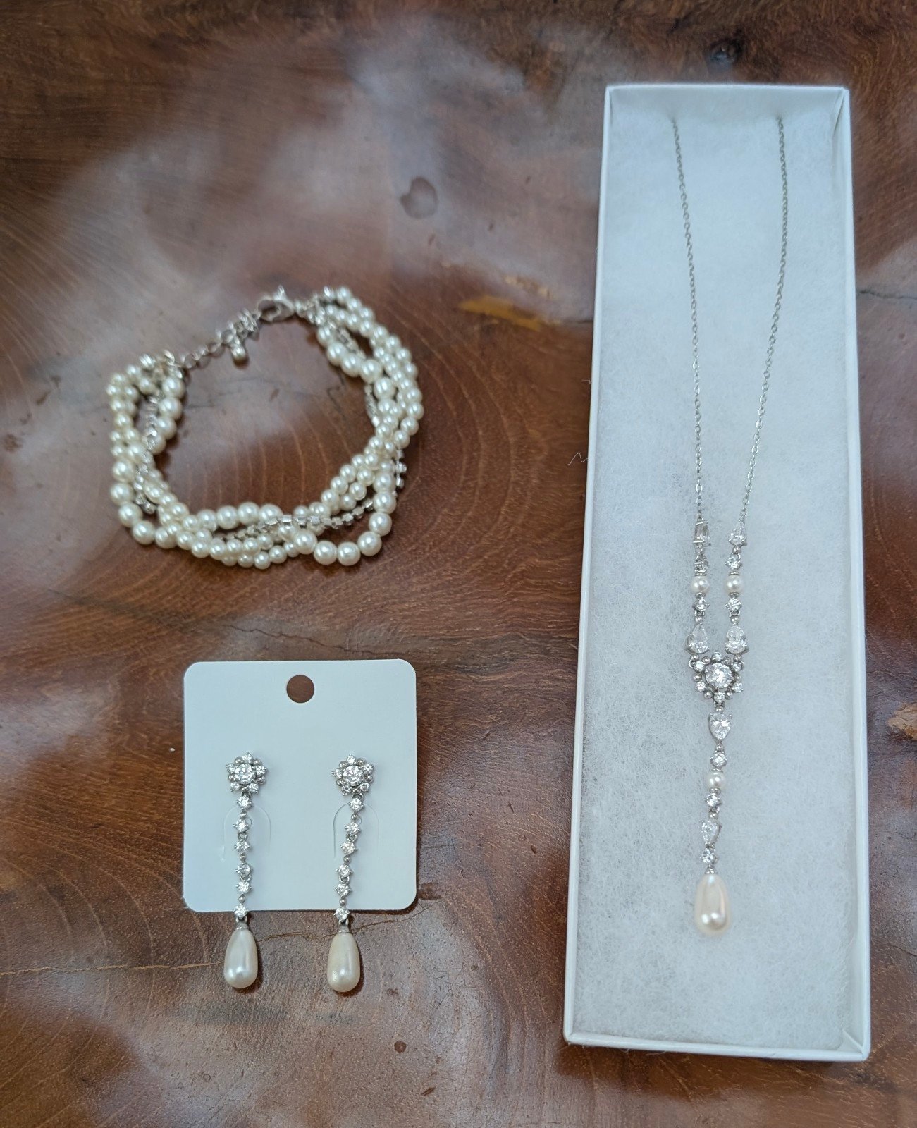 Bridal Jewelry Set Nadri Pearl Necklace, Earrings, Bracelet