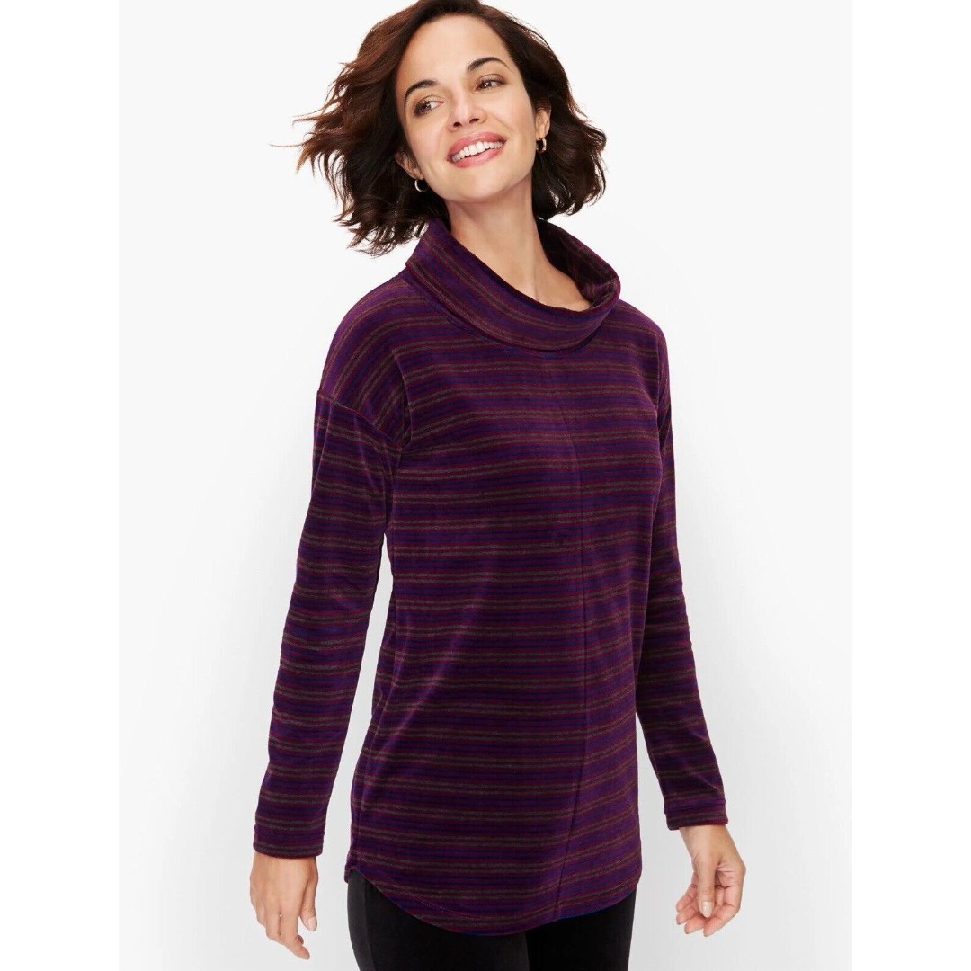 Talbots Sweater Plus Size 2X Purple Striped Velvet Cowl Neck Pullover Cozy NEW