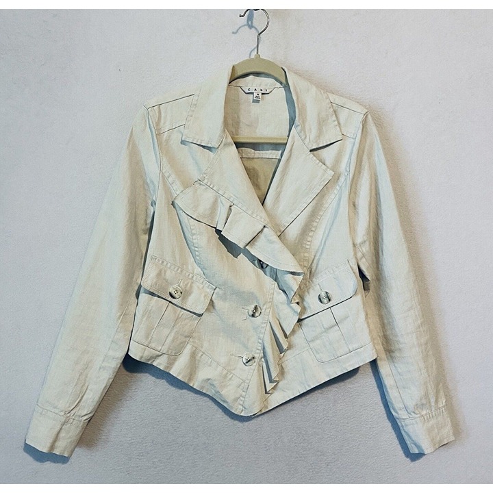 Cabi Jacket Womens Medium Ivory Ruffle Up Waxed Linen Asymmetrical Hem Boho