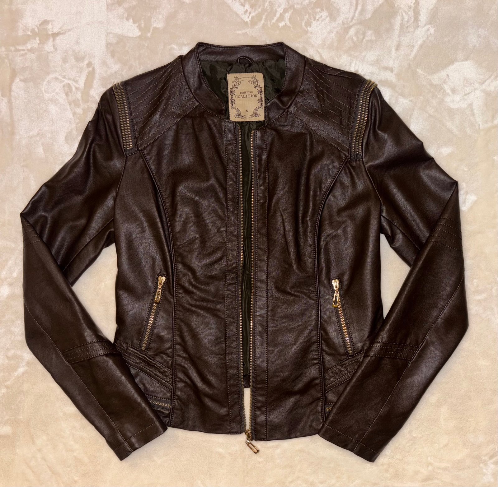 Downtown Coalition Chocolate Brown Faux Leather Moto Jacket w/ Zipper Detailing