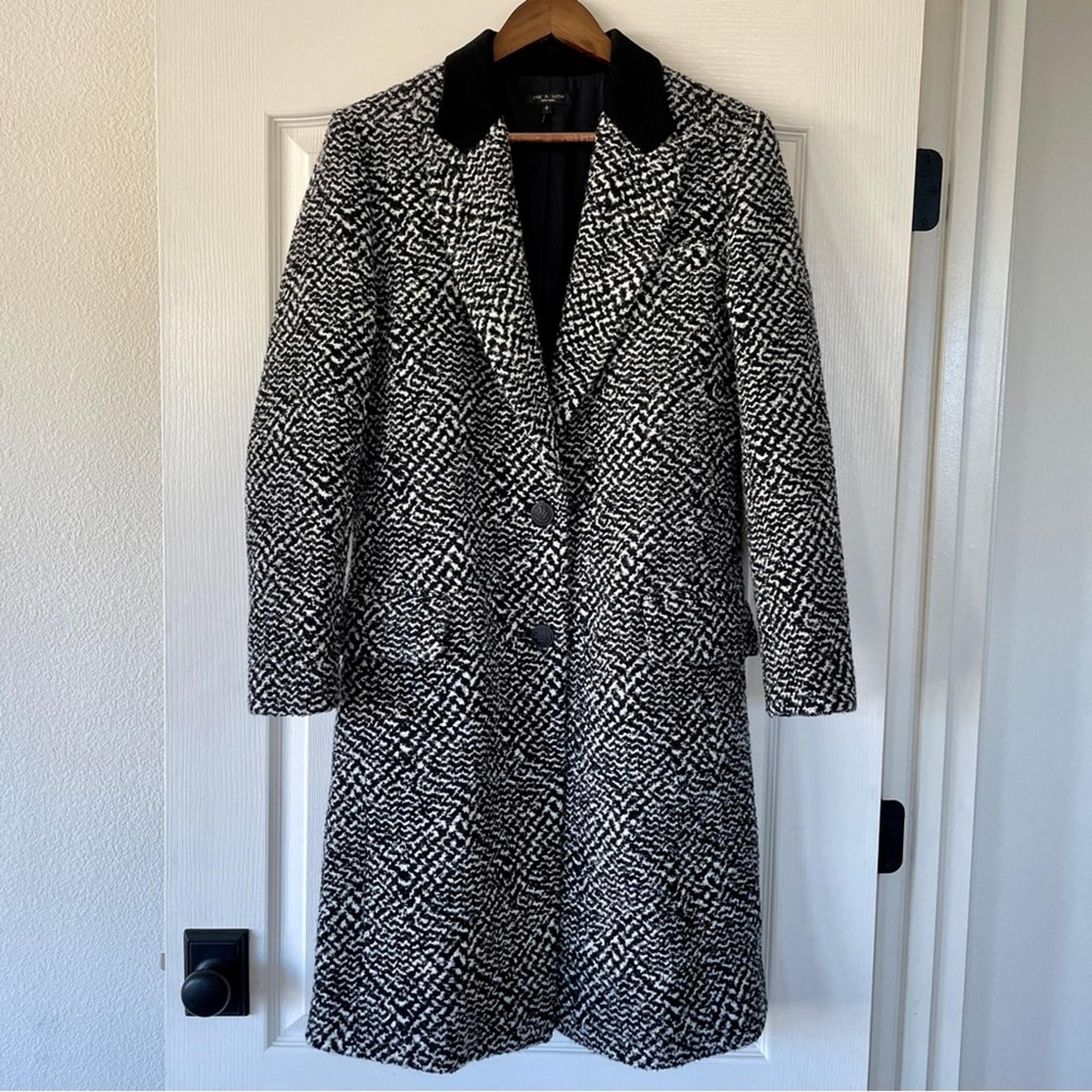 Rag & Bone Wooster Wooly Coat Black White Boucle Collared Pea Coat Wool Blend S