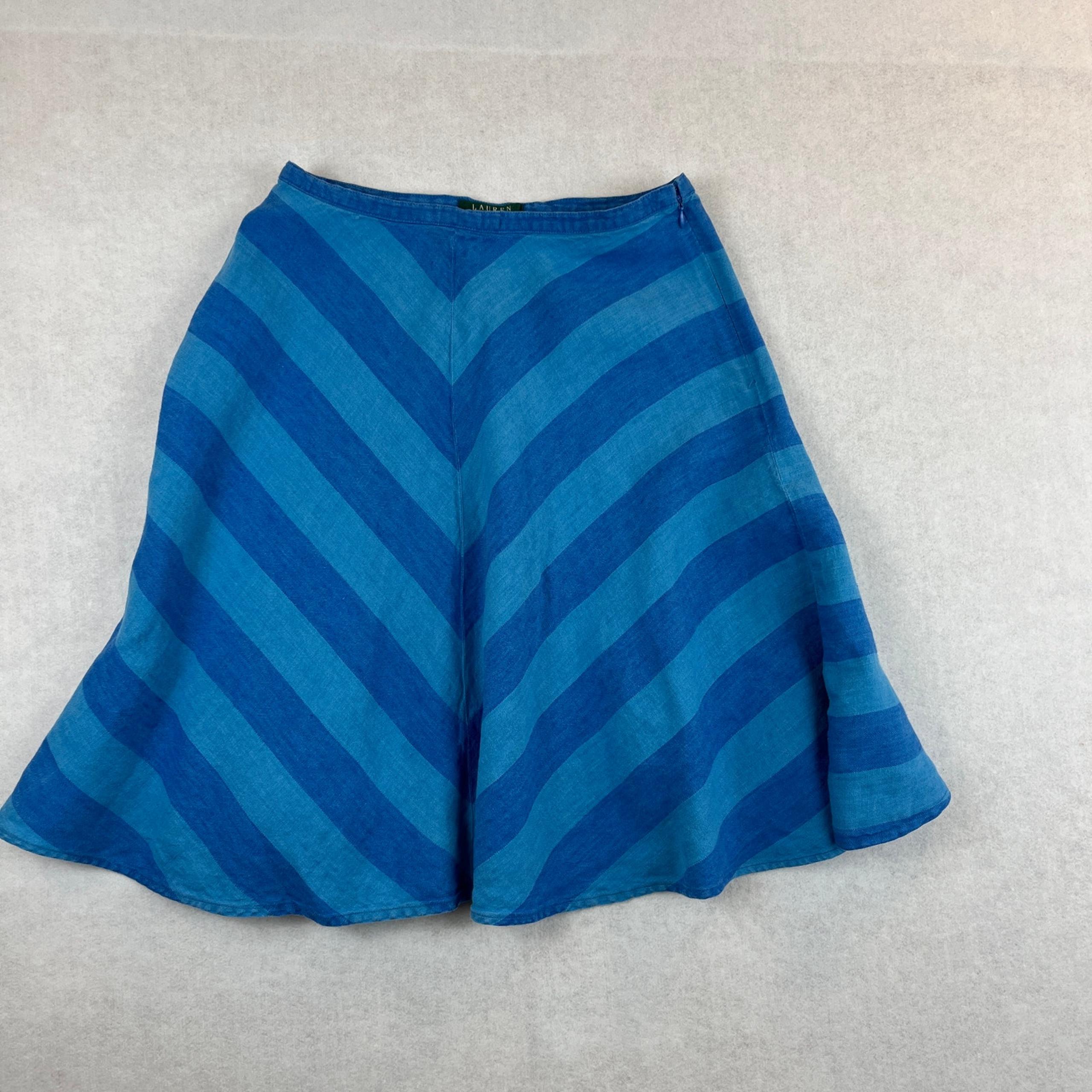 Lauren Ralph Lauren Linen Blue Striped A-Line Skirt Size 8