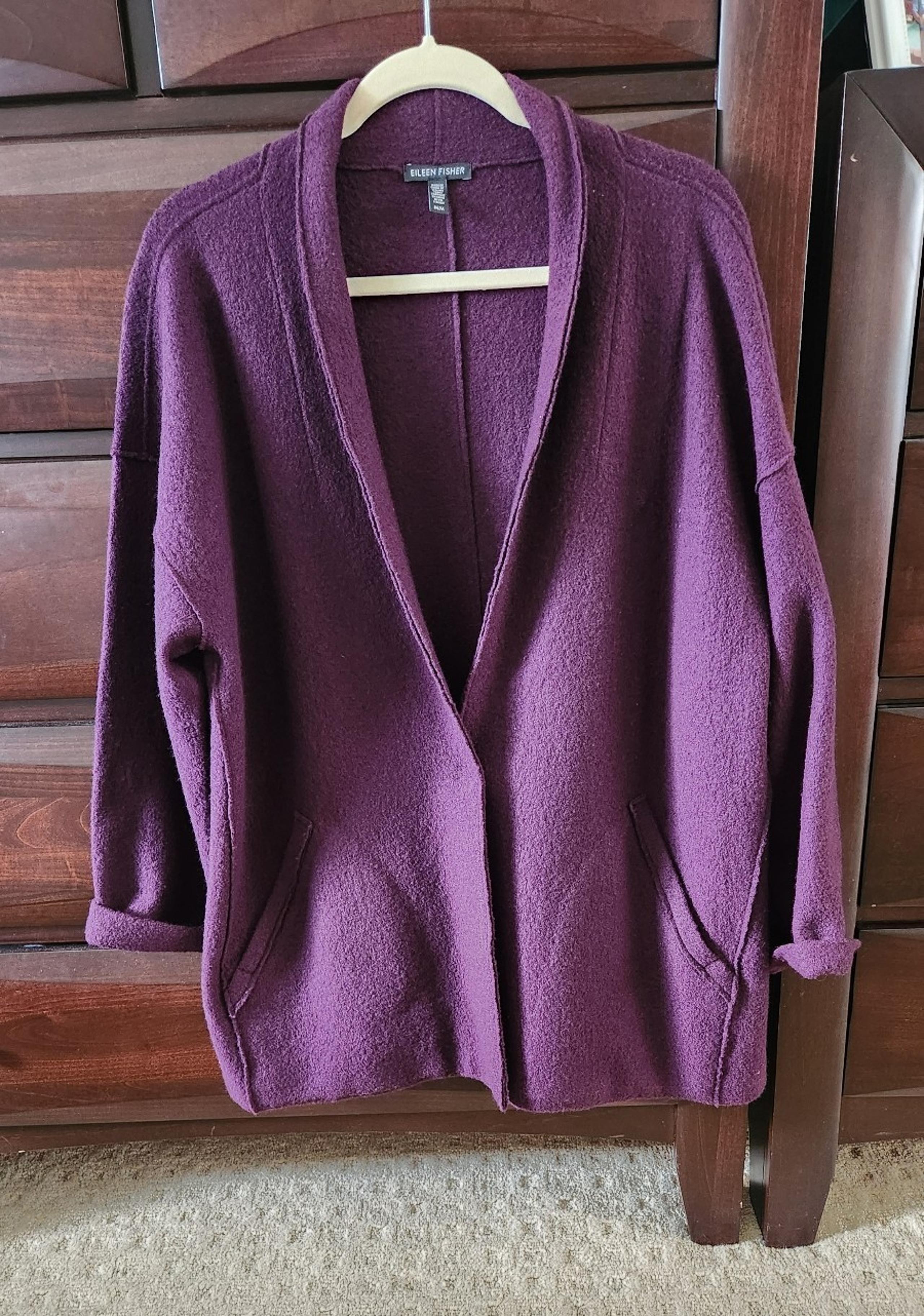Eileen Fisher High Collar Soft 100% Wool Snap Front Jacket Purple Medium