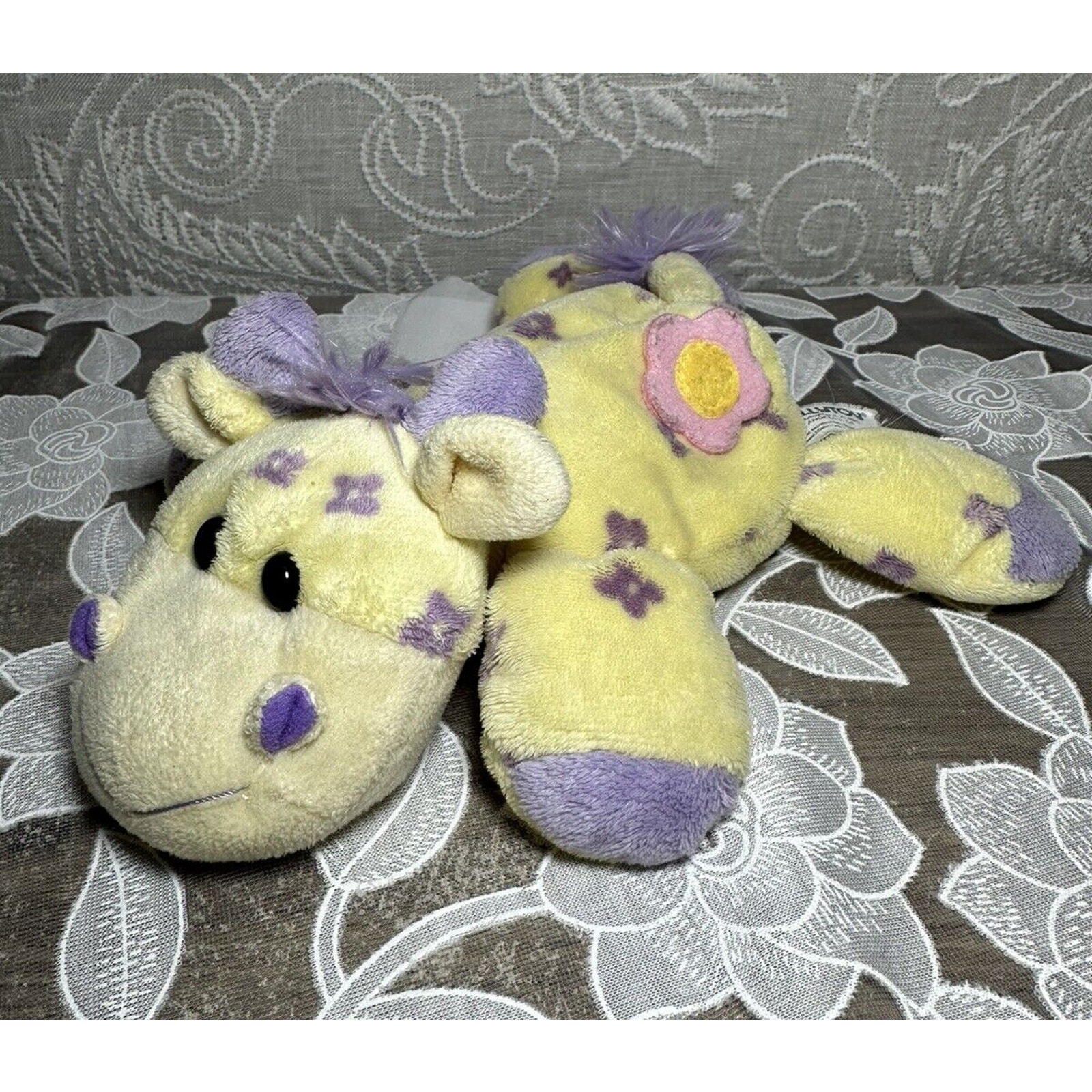 Kellytoy Yellow Giraffe Rattle Plush Purple Flowers Baby Lovey 8” Floppy Rare