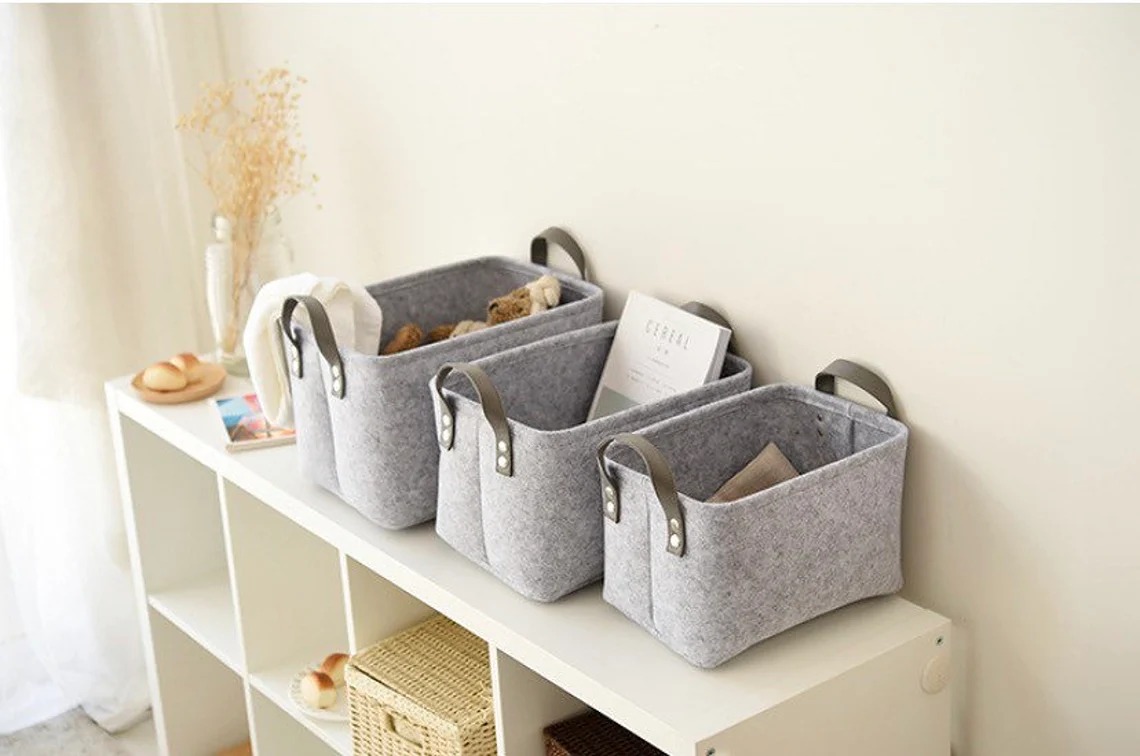 Felt Storage Basket Grey Set of 3, Toy Book Basket Laundry Bag Organizer (S+M+L)