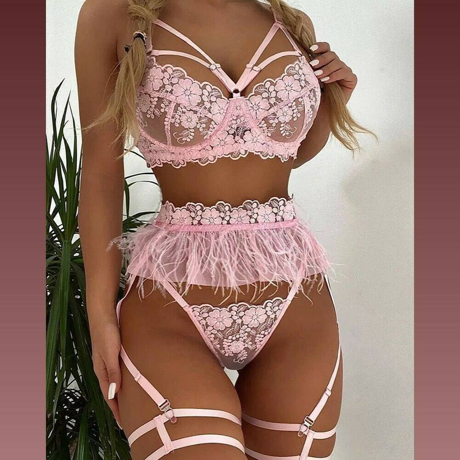 Sexy Strappy Pink Bra Feather Lingerie Mesh Garter Thong Adjustable Set