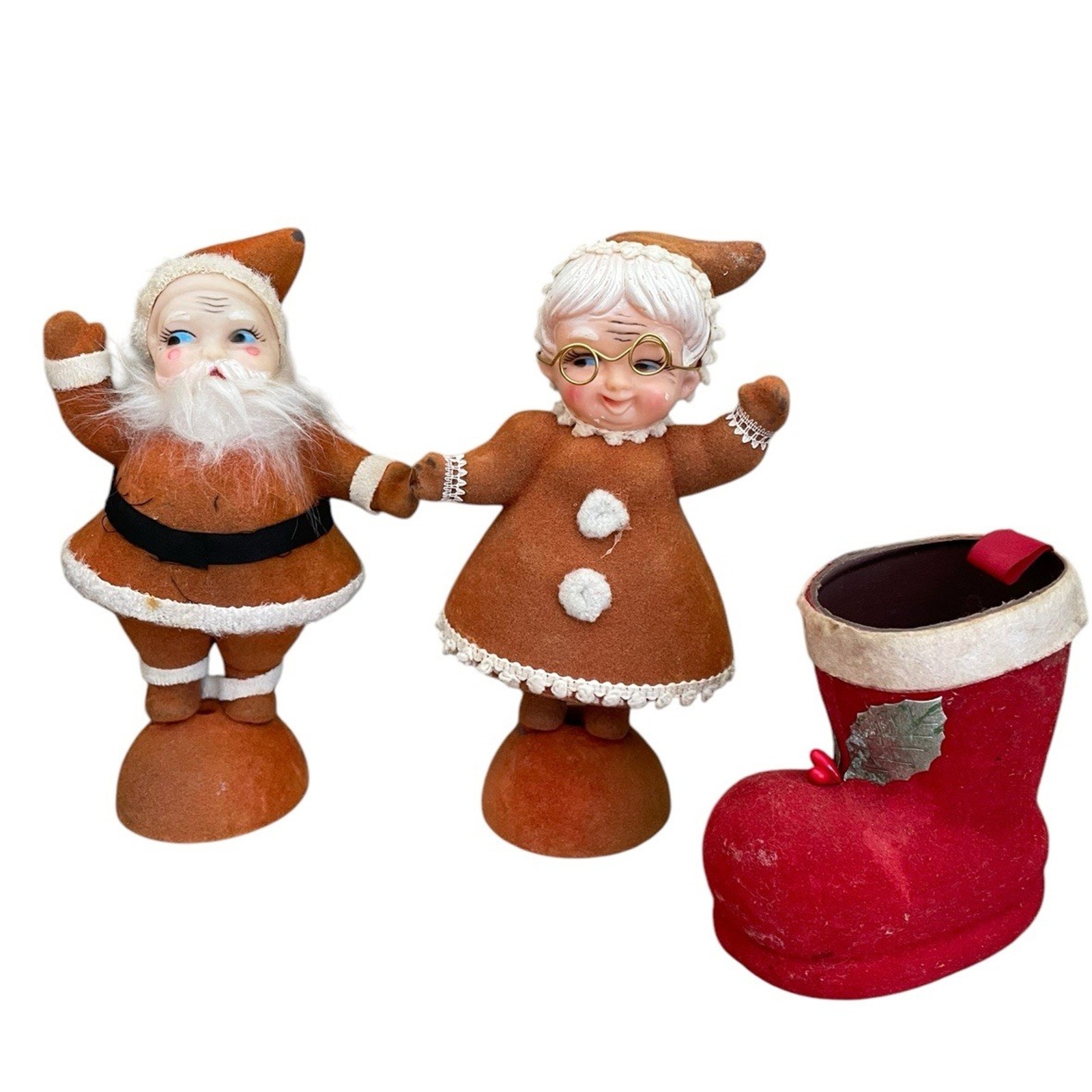 Vintage Flocked Christmas Santa Mrs. Claus Boot Planter Mid Century Modern LOT 3