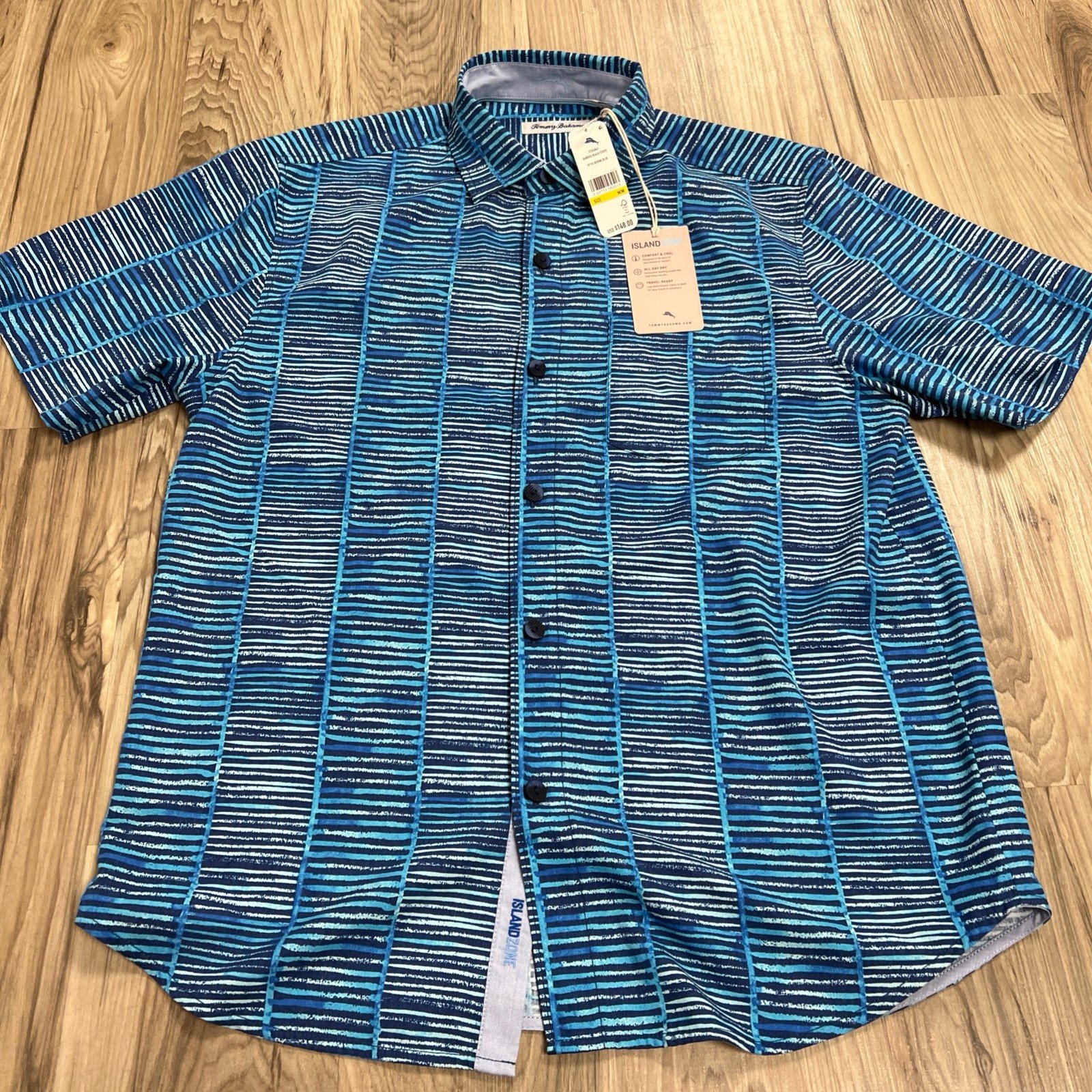 Tommy Bahama Bamboo Beach Stripe Hawaiian Shirt Bering Blue Silk Men Medium 148