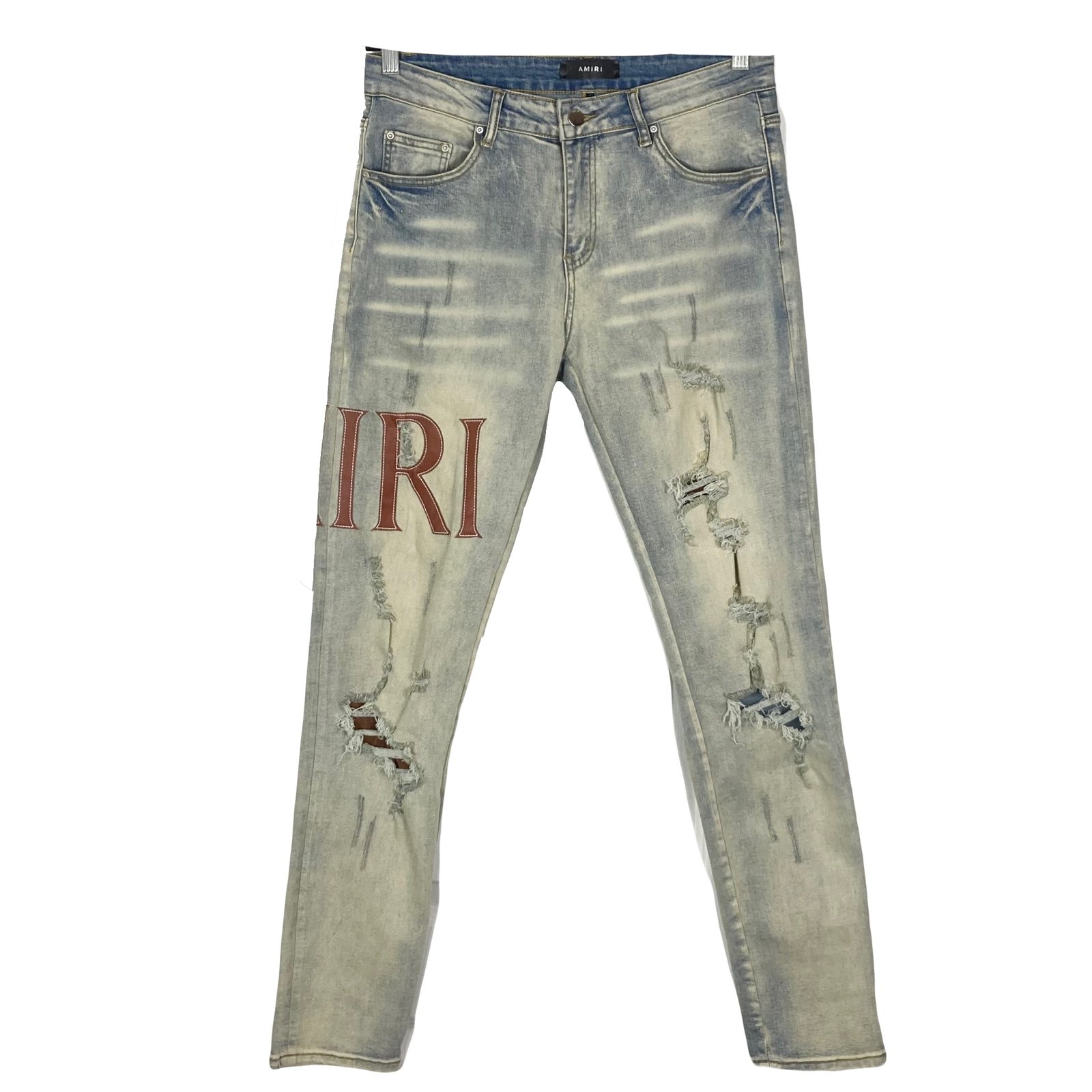 NWOT AMIRI Jeans Men 33x31 Blue Stonewash Brown Genuine Leather Patches Accents
