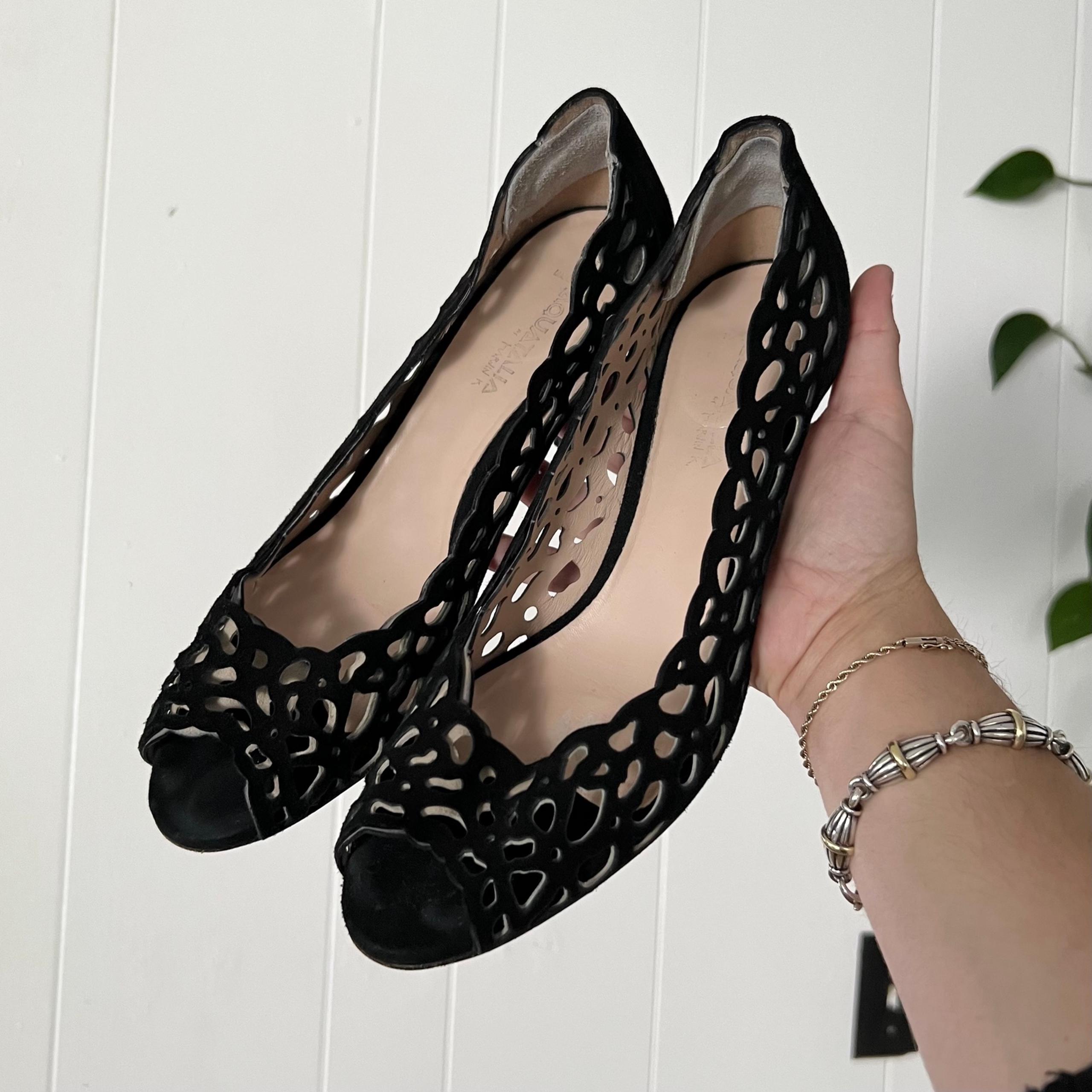 Aquatalia Perforated Leather Black Peeptoe Pump Size 9 Made in Italy