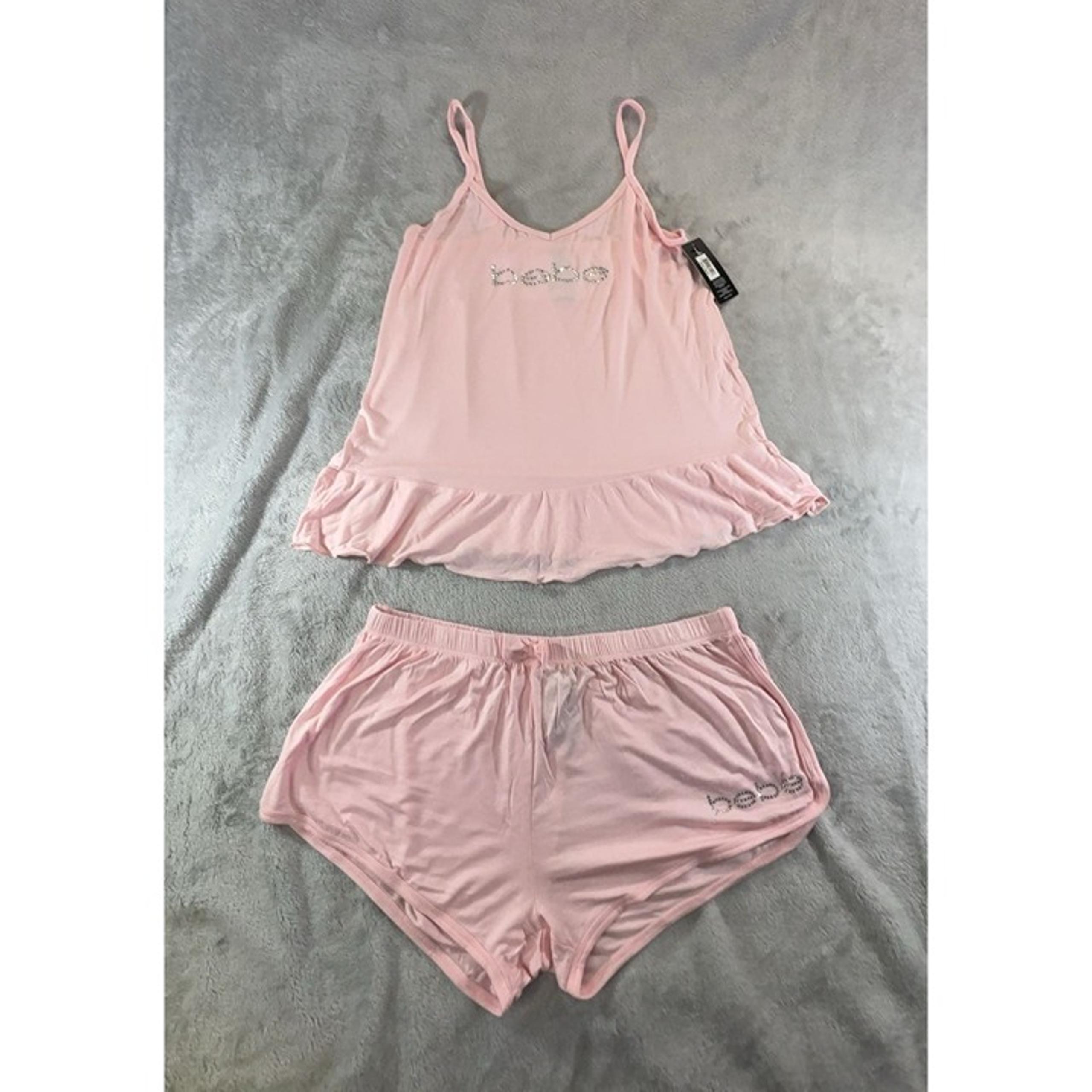Bebe Sleepwear Women's Large Pink Tank & Shorts lounge set rhinestone logo NWT