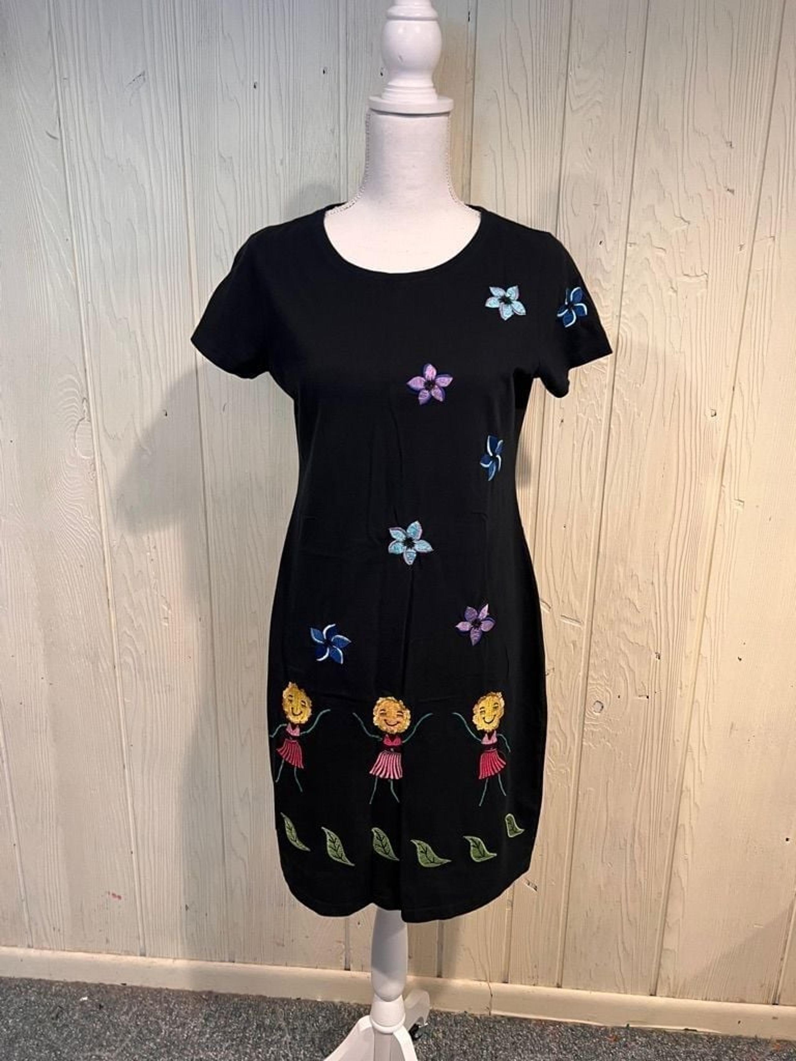 Women's Michael Simon Black Floral Embroidered T-Shirt Short Sleeve Dress Size S