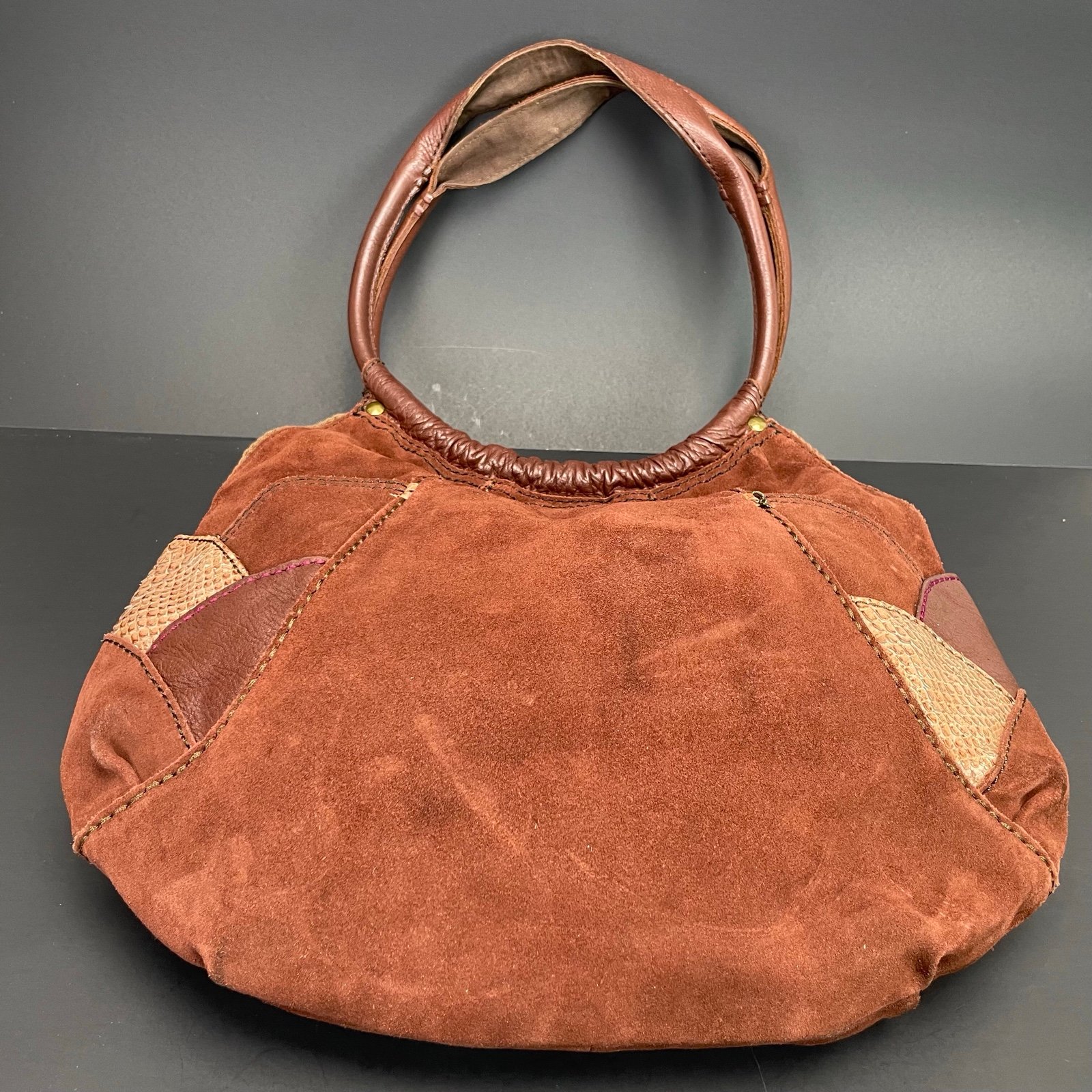 Lucky Brand Bag Brown Suede Leather Hobo Satchel Handbag Purse Patchwork Snake