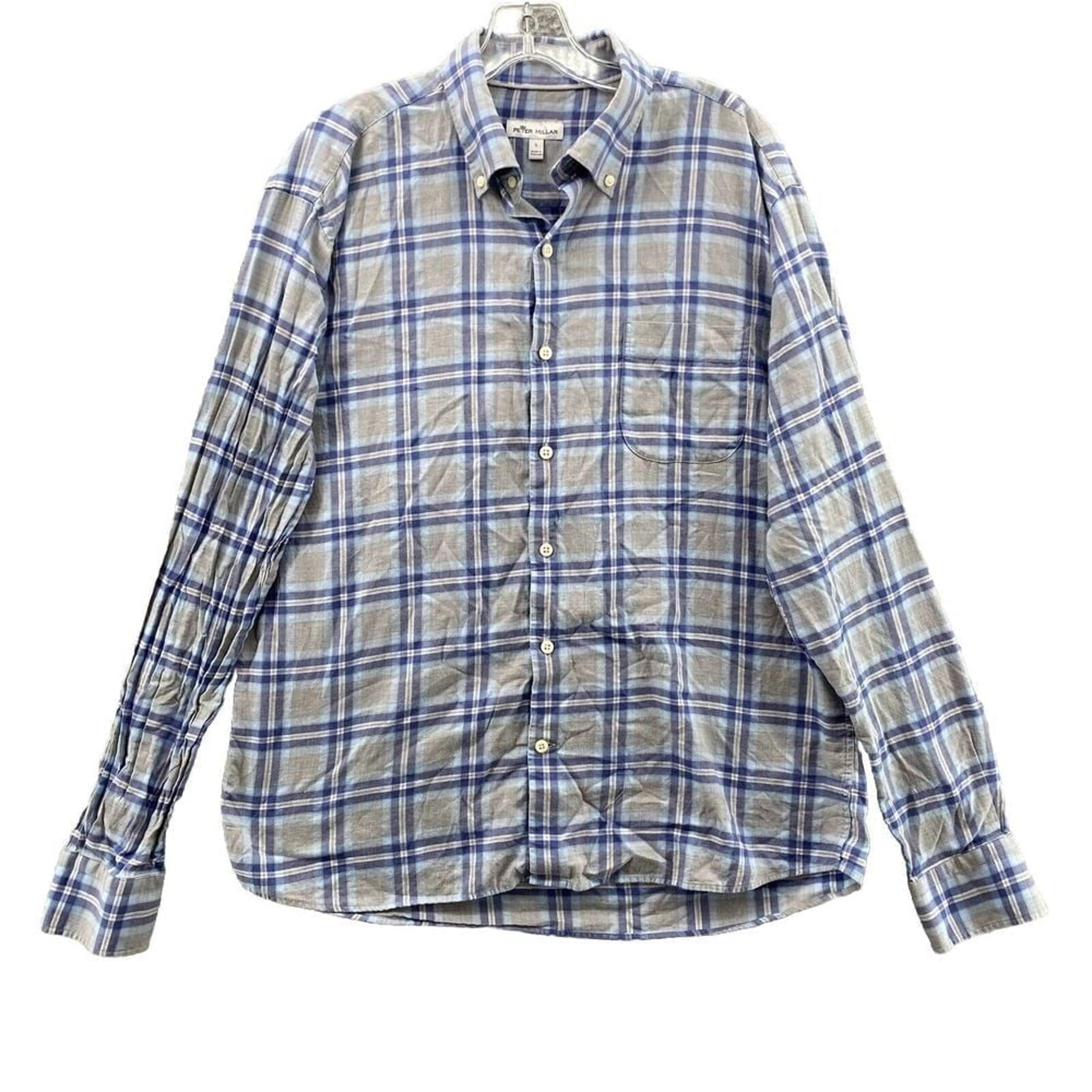 Peter Millar Shirt Men Large Blue Gray Plaid Blue Long Sleeve Button Down Casual