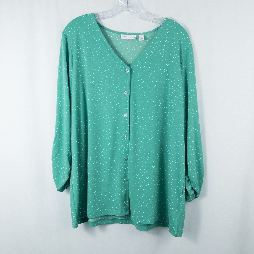 Susan Graver Printed Liquid Knit Button Front Shirt Womens XL Green Polka Dot