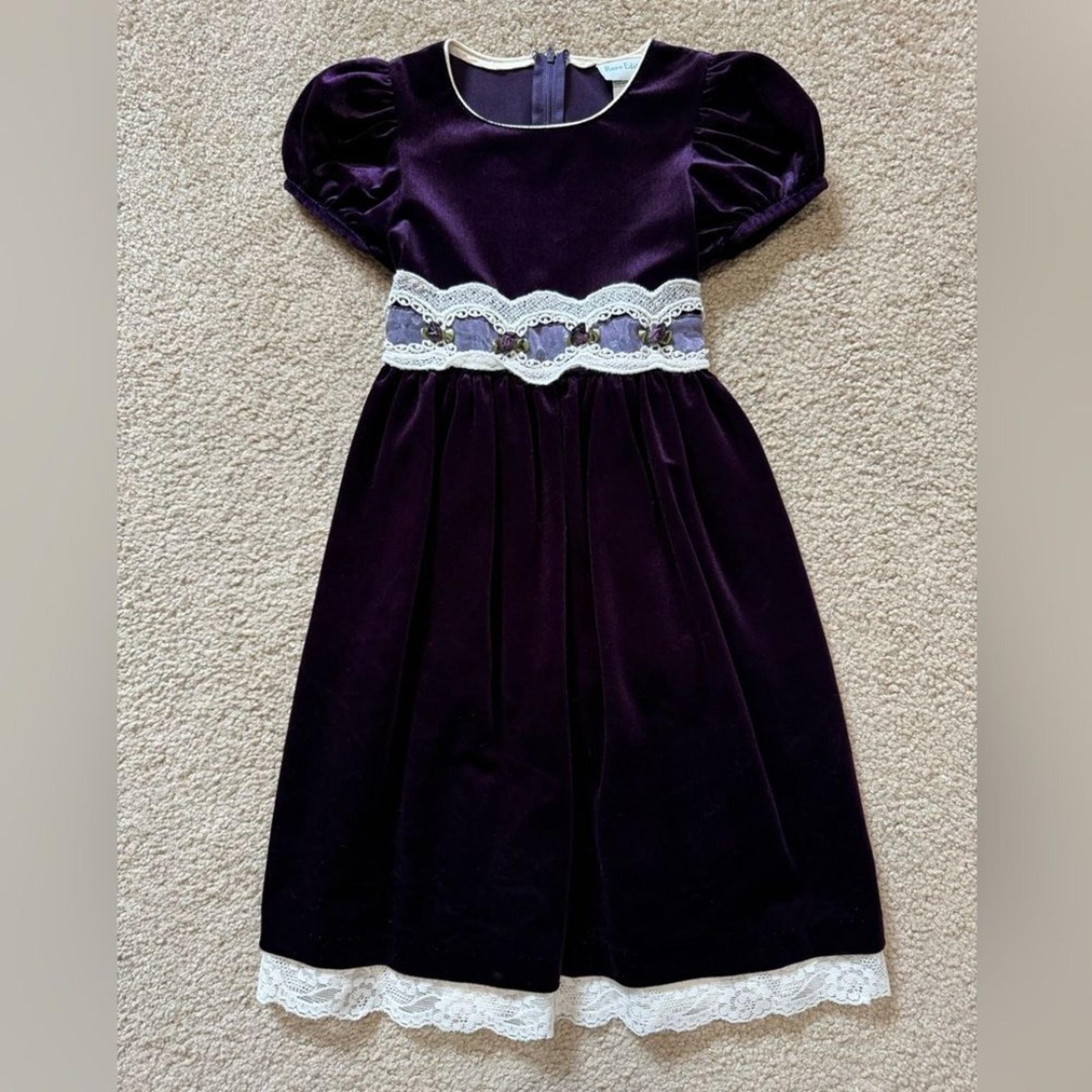 Rare Editions girls’ deep purple floral and lace velvet dress, size 5