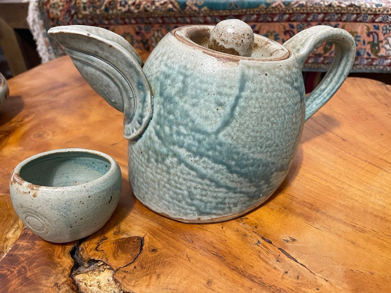 The Rusty Chai Tea Rare Unique Vintage Art Pottery Green TeaPot Artist Signature
