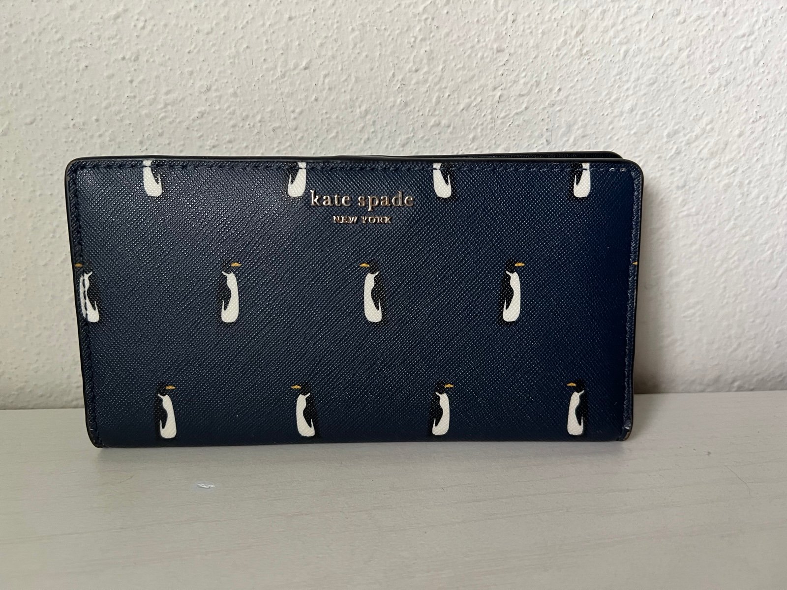Kate Spade Penguins Large Slim Bifold Wallet Clutch EUC Penguin Blue Black