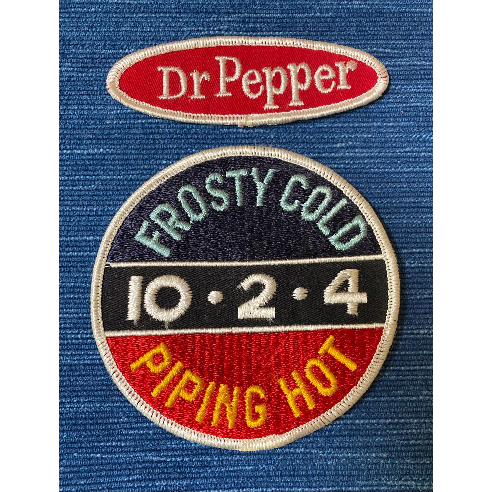 x2 Dr Pepper Oval 10-2-4 Frosty Cold Piping Hot Patch Vtg Uniform Round 60s Soda