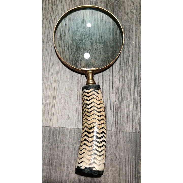 Vtg Wooden Handle Magnifier Glass Tribal Design Black And White Zigzag 9.5x4