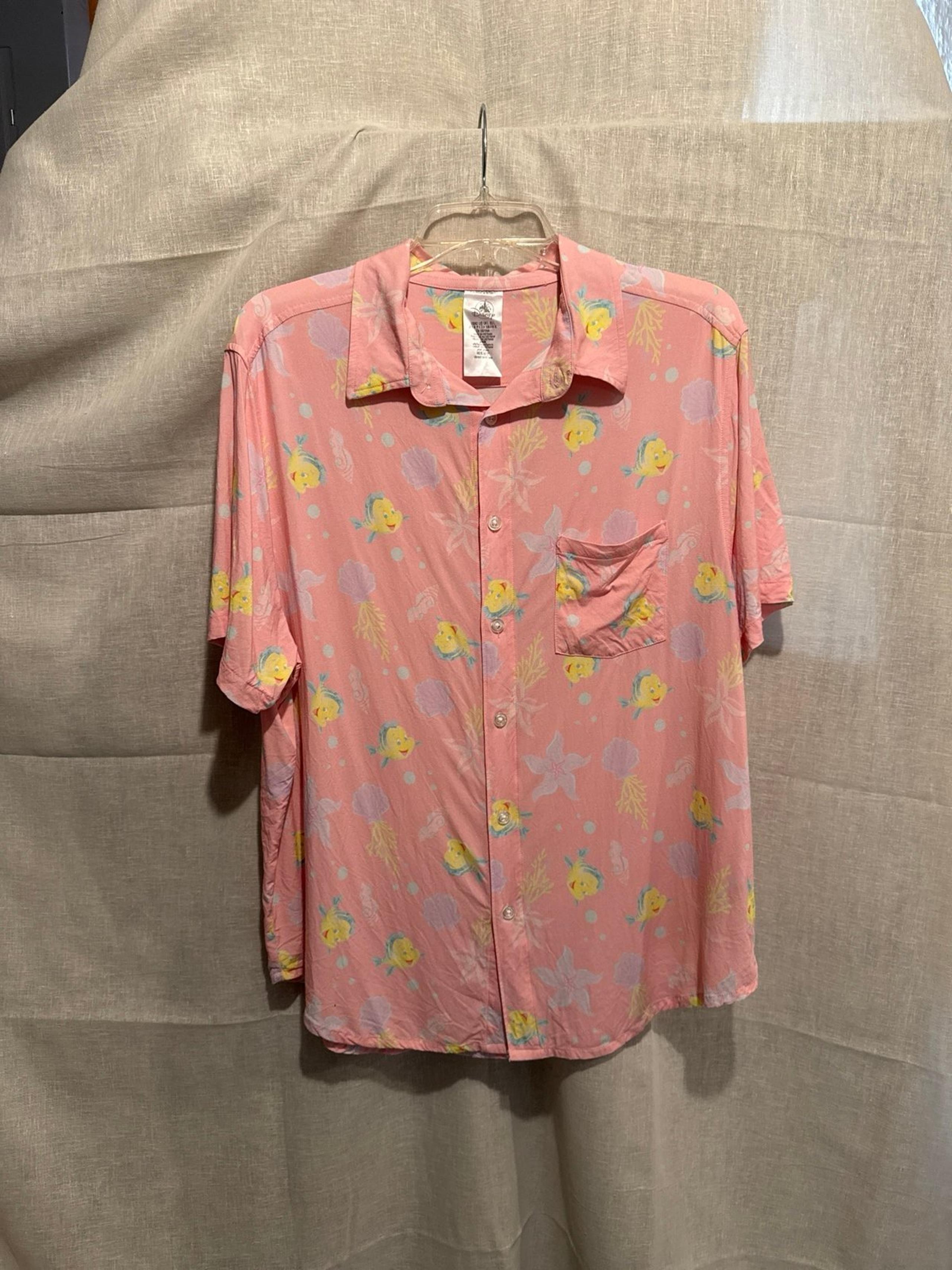 Little Mermaid Flounder Camp Button Down Camp Pink Shirt Large Unisex - Disney