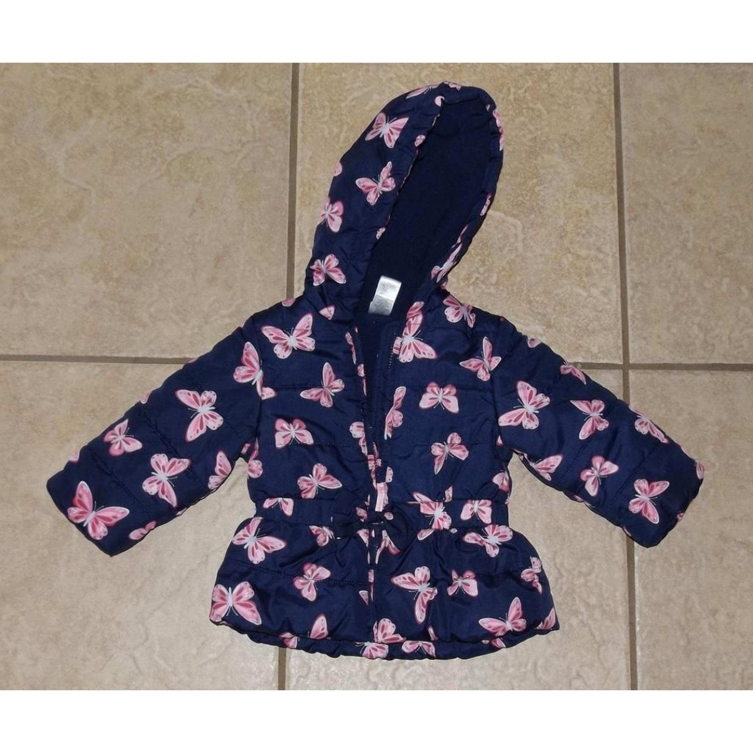 LITTLE ME Girls Sz 12 Month Dark Blue Pink Butterfly Print Hooded Zip Up Coat