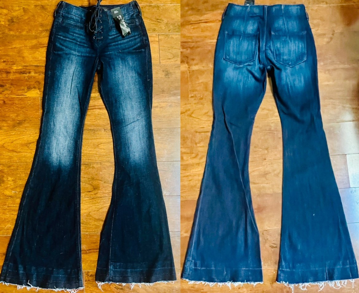 EXPRESS LACE UP FLY BELL FLARE MID RISE JEANS WOMENS SIZE 00(Short)~NWT