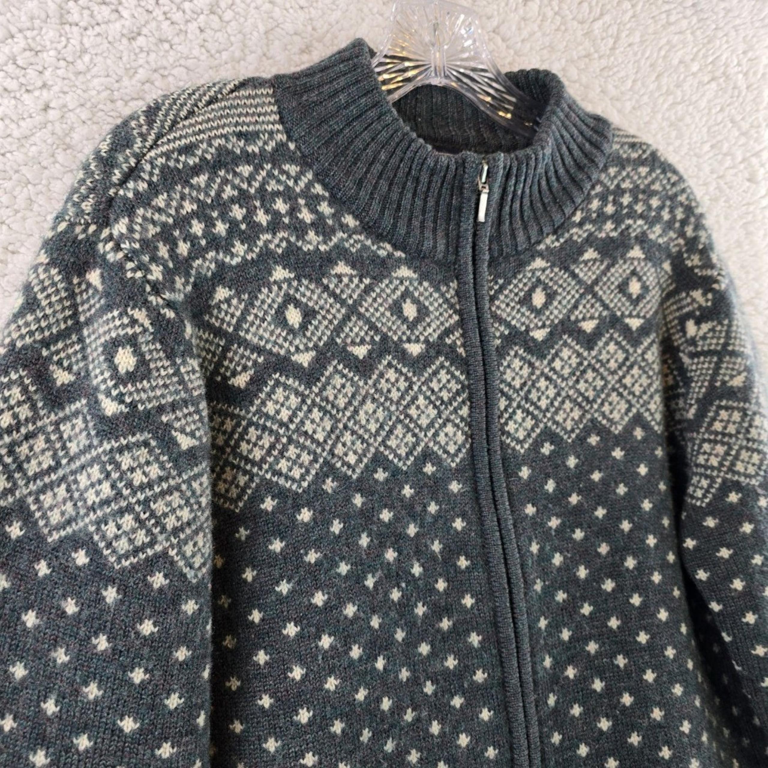 Vintage Lands End Sweater 100% Wool Fair Isle Green Full Zip Cardigan Sz Large