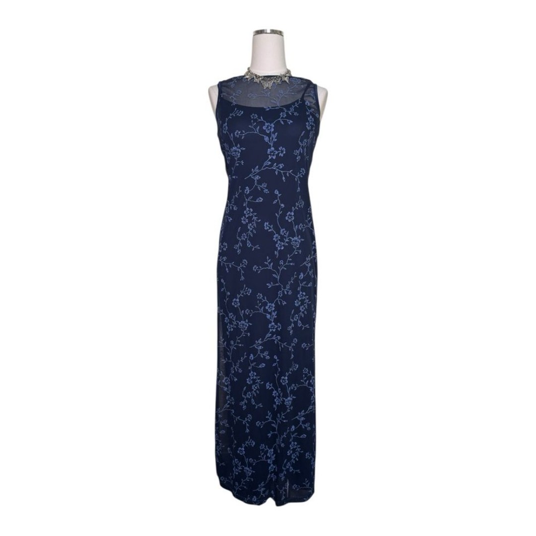 Y2K City Triangle Navy Blue Whimsy Goth Mesh Layered Floral Maxi Dress Size Med