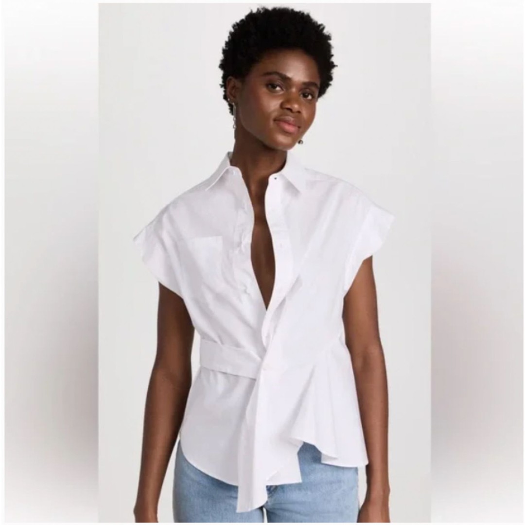 AKNVAS Stella Asymmetric Peplum Button Down Top White Poplin Cotton Size Medium