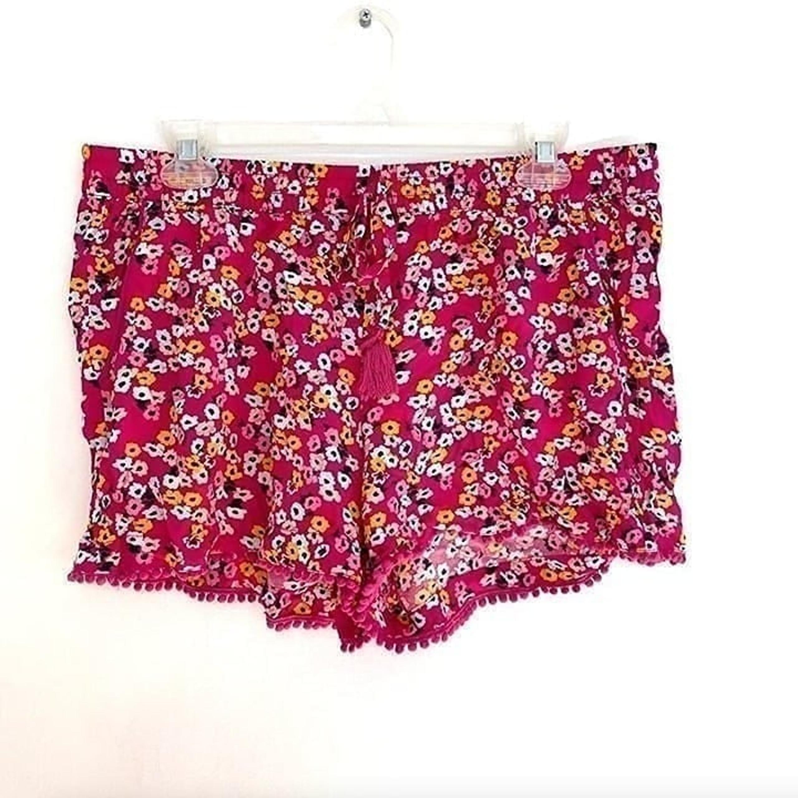 A.N.A Magenta Pink Blue Mustard Floral Pull On Drawstring Pom Pom Trim Shorts L