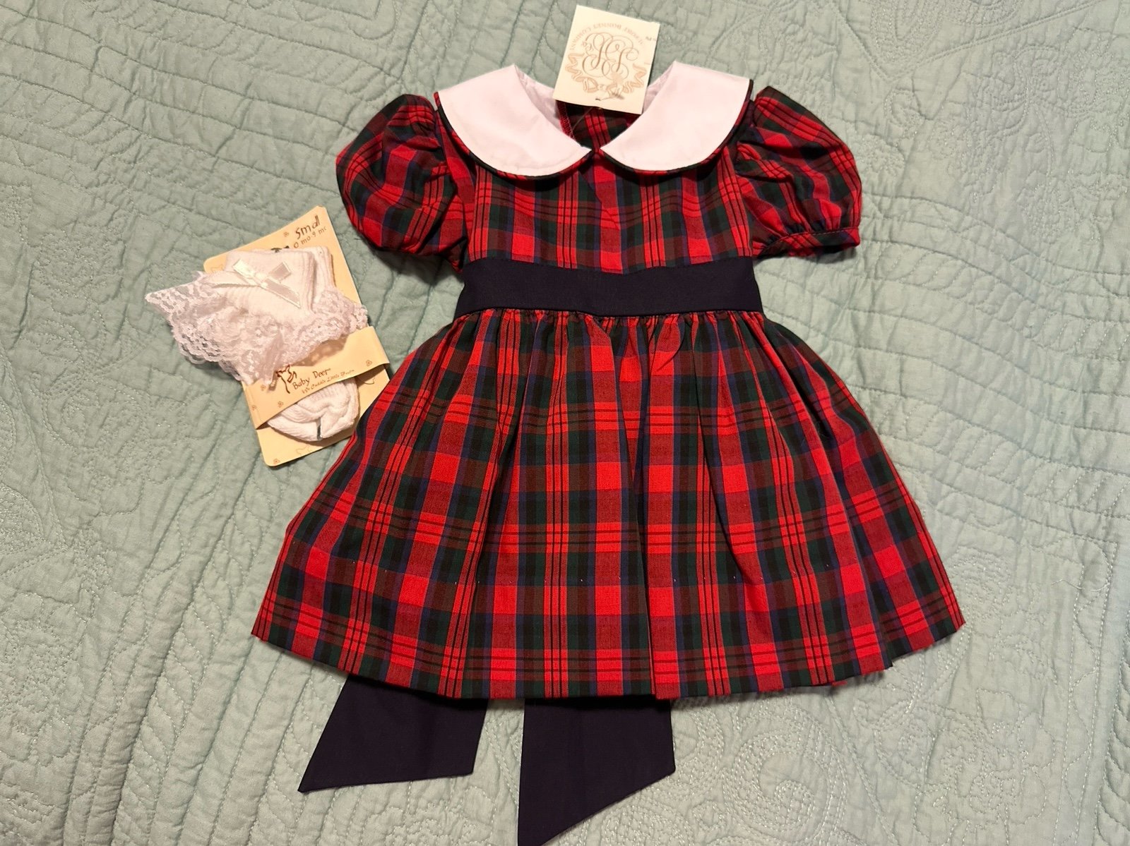 Cindy Lou Sash Dress NWT 0-6 months “Pelham Plaid” and Baby Deer socks