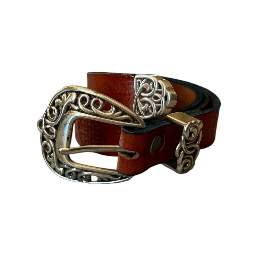 Vintage Silver buckle hammered leather brown camel belt Sz 34