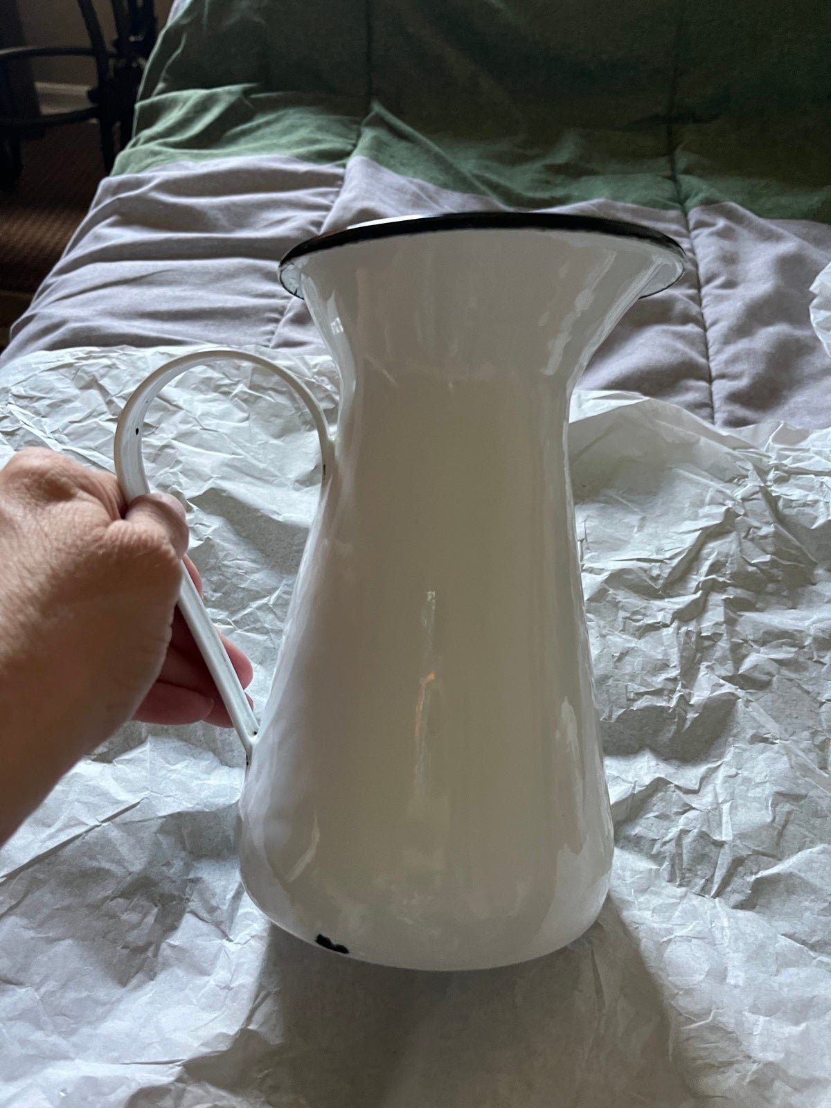 Vintage White Enamelware Pitcher with Black Trim, Vintage French Decor Water
