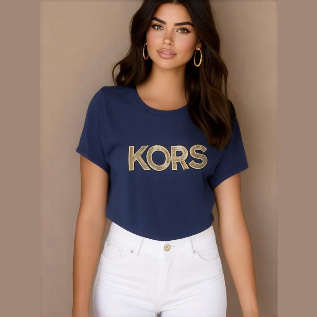 Michael Kors Navy T-Shirt with Gold Embellished Studs. P2P 21-24. Size Medium