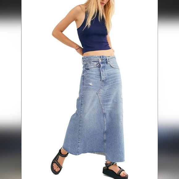 We The Free People Asymmetrical Distressed Maxi Denim Skirt Size 12