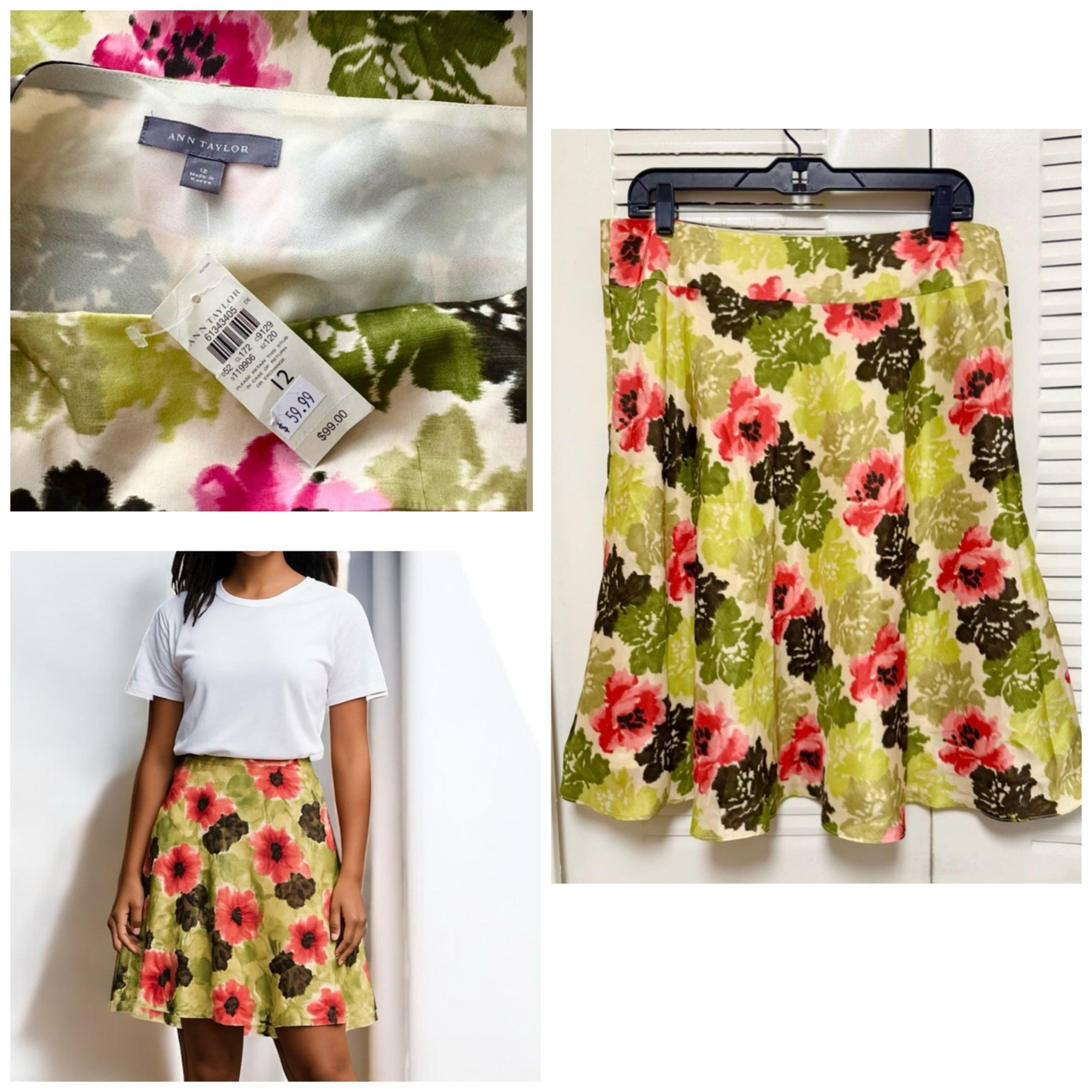 NWT - ANN  TAYLOR Silk Floral A-Line Skirt Green and Pink Flowy