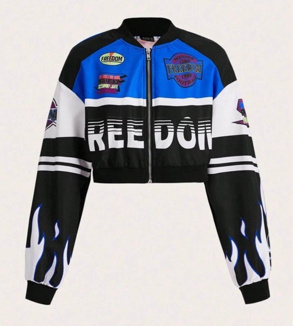SHEIN ICON Letter & Fire Print Drop Shoulder Crop Bomber Jacket Blue Black XS