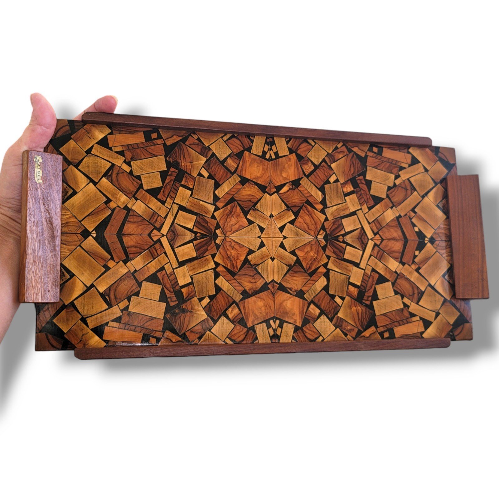 Vintage Hayadith Mid Century Olive Wood Marquetry Serving Tray Israel