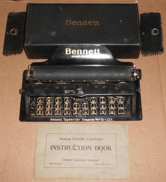 Antique Bennett Miniature Portable Typewriter with Case and Instructions
