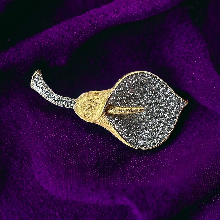 Stunning Nolan Miller Calla Lily Flower Brooch Pin Crystal Pave Glamour