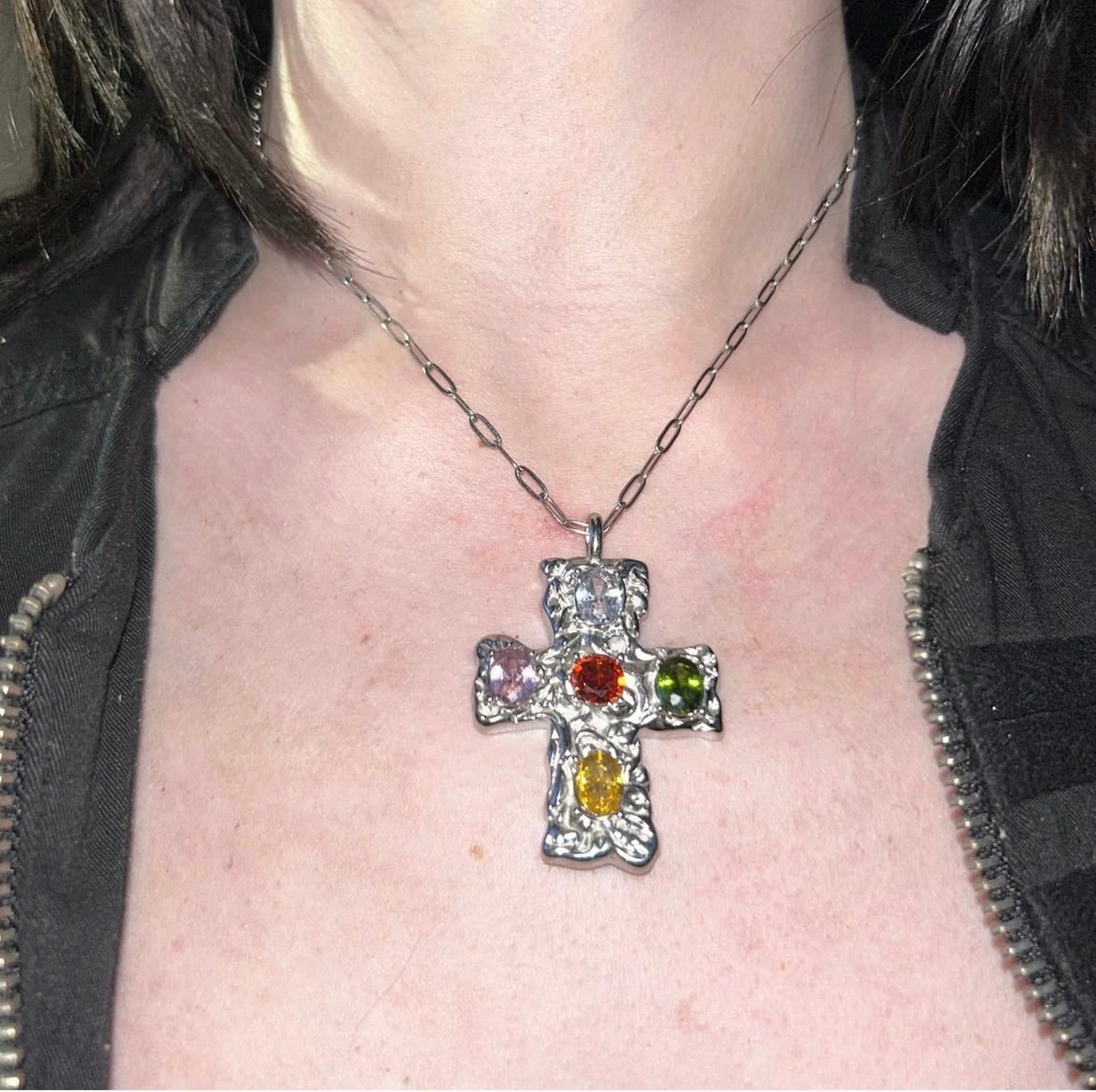 Stainless steel vintage y2k colorful stone cross pendant charm necklace retro